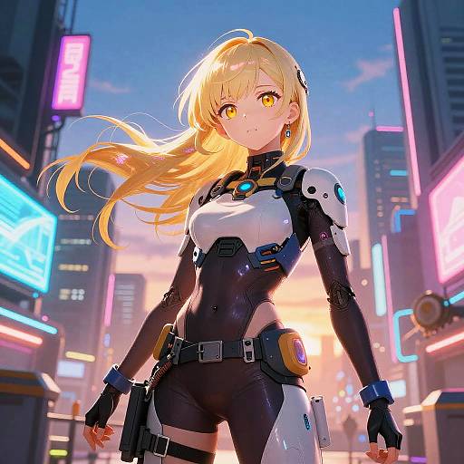Digital anime-style artwork of a blonde, yellow-eyed woman in a black and white futuristic bodysuit, standing in a neon-lit cityscape at