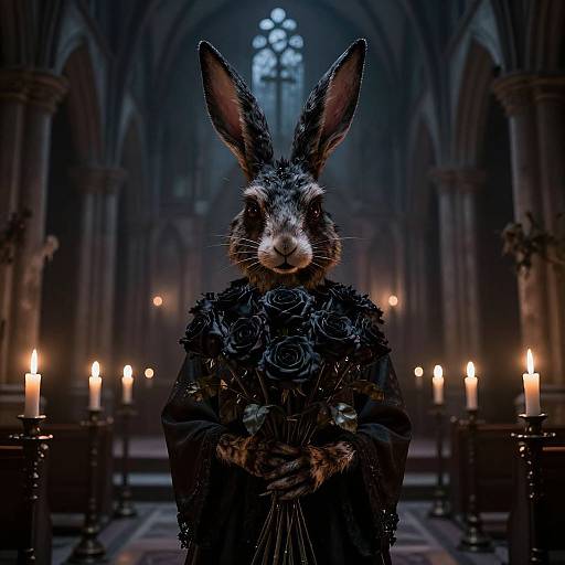 Photorealistic digital art: Anthro rabbit in Gothic cathedral, wearing black rose-adorned dress, holding bouquet, surrounded by lit candles. Dark