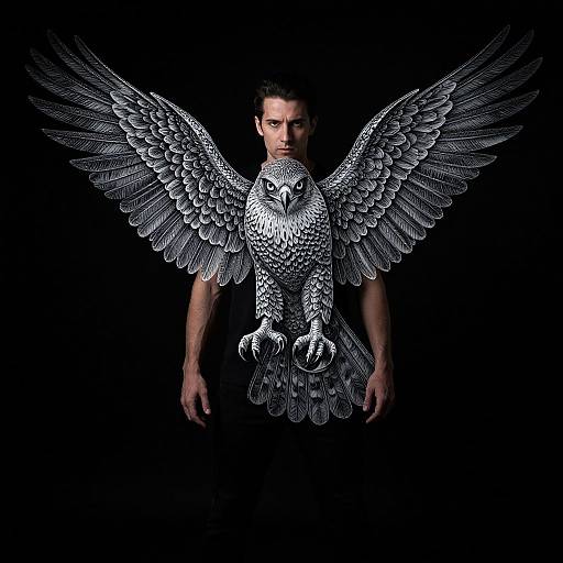 Photograph of a man with dark hair and piercing eyes, standing against a black background, with a large, silver, intricately detailed eagle superim