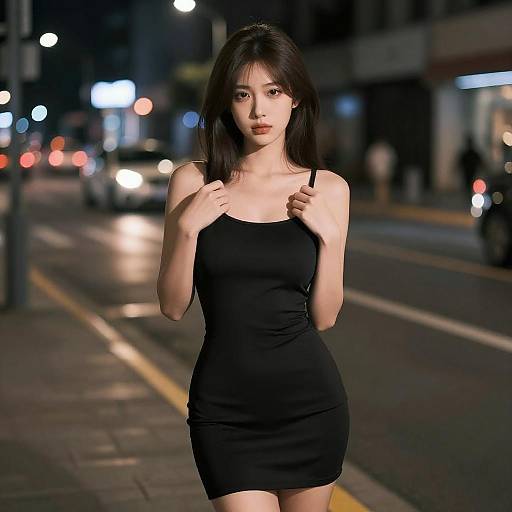 Young Woman in Black Dress on Urban Street at Night