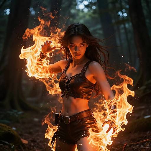 Photograph of a fierce, dark-haired woman in black leather crop top and shorts, surrounded by bright orange flames in a dark forest. Her intense gaze