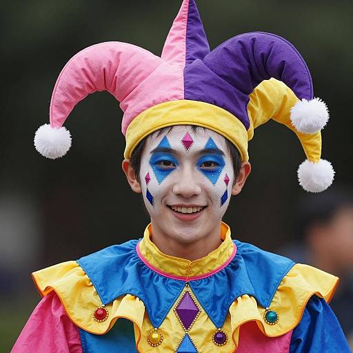 Young Person in Colorful Jester Costume