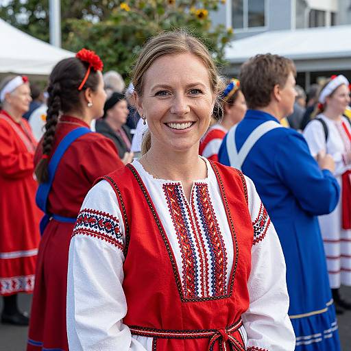 Photograph of a smiling Caucasian woman in a red and white traditional Polish dress with intricate embroidery, surrounded by other people in similar colorful folk attire at an