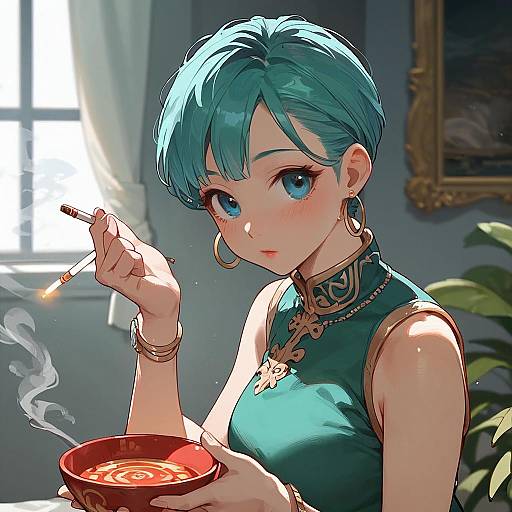 Bulma Smoking Indoors Anime Scene