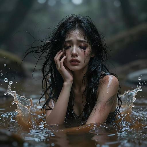 Sad Celestial Spirit in Rippling Puddle