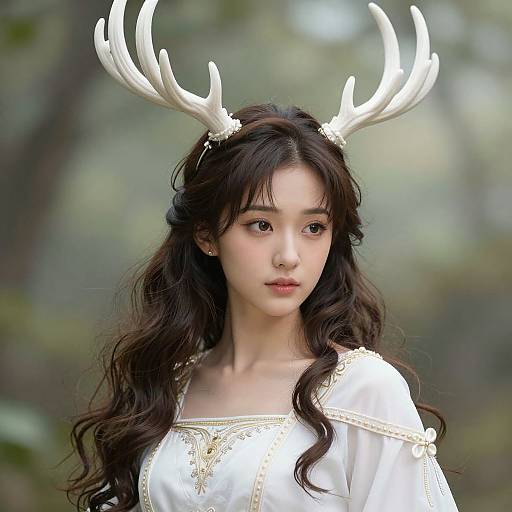 Photograph of an East Asian woman with long, wavy black hair, wearing a white dress with gold embroidery and white deer antlers headpiece,