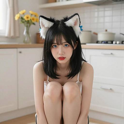 Nude Woman with Cat Ears in Kitchen