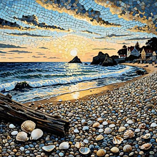 Mosaic Style Tranquil Seashore at Dusk