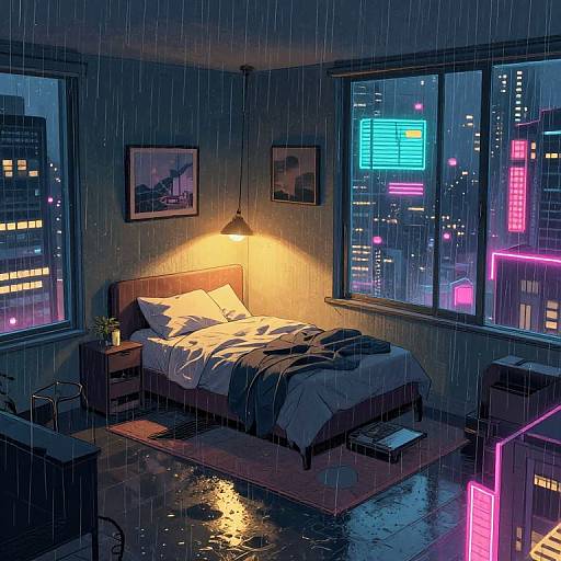 Digital artwork of a rain-soaked, neon-lit bedroom with a messy bed, city skyline view, and glowing neon lights reflecting on the wet floor