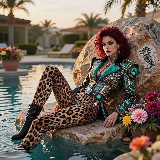 Photorealistic image: Red-haired woman with bold makeup, wearing leopard-print bodysuit, sequined jacket, black boots, sitting on rock by