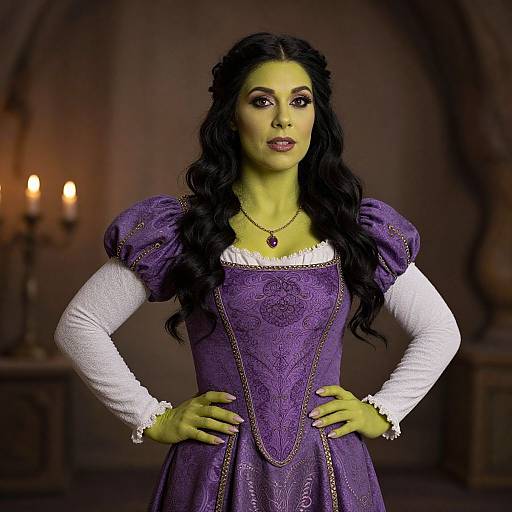 Photograph of a green-skinned woman with long black hair, wearing a purple medieval dress with white sleeves, standing confidently in a dimly lit,