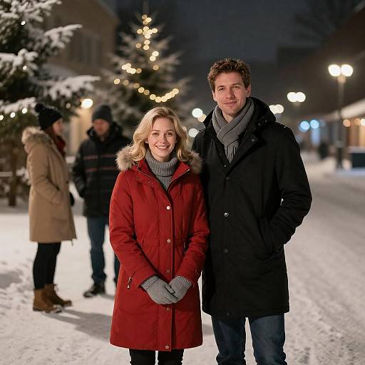 Smiling Couple on Snowy Christmas Night