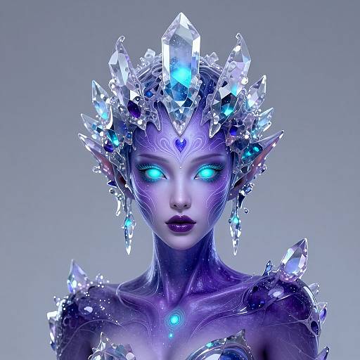 Digital CGI of a blue-skinned, glowing-eyed, ethereal elf queen with crystalline crown and armor, adorned with icy blue gems, against a