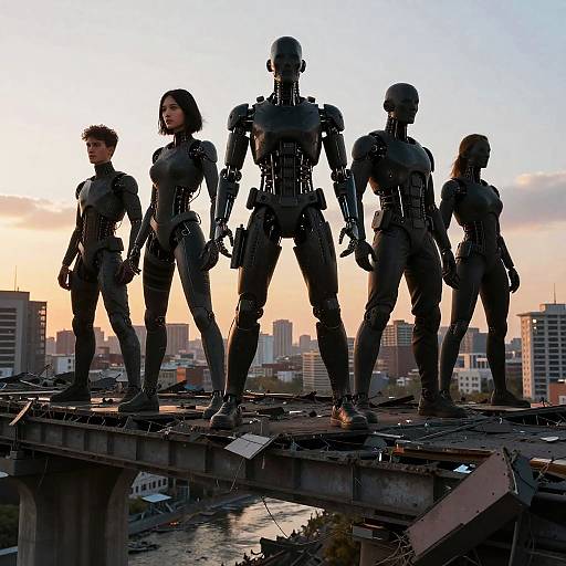 Photograph of four silhouetted, robotic humanoids standing on a rooftop at sunset, urban cityscape background, futuristic, cybernetic,