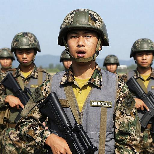 Dynamic Soldiers in Camouflage Under Blue Sky