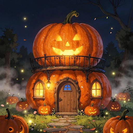 Digital art of a giant, glowing pumpkin house at night with carved jack-o'-lantern faces, lantern-lit windows, and surrounding carved pumpkins