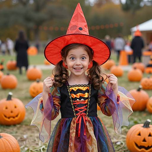 Playful Girl in Halloween Pumpkin Patch