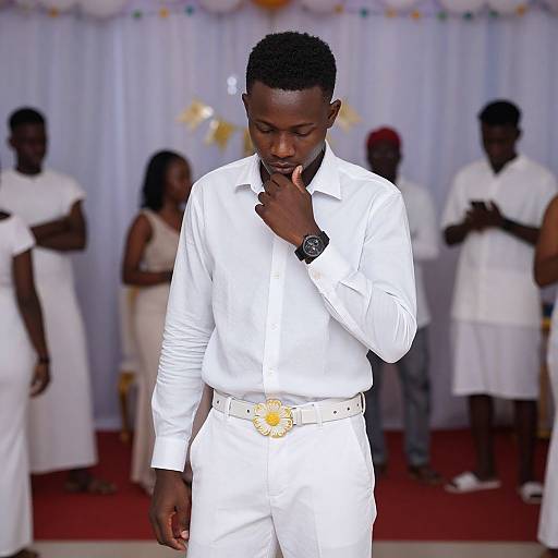 Photograph of a tall, dark-skinned man in a white suit with a yellow belt, touching his chin, standing in front of a white-c