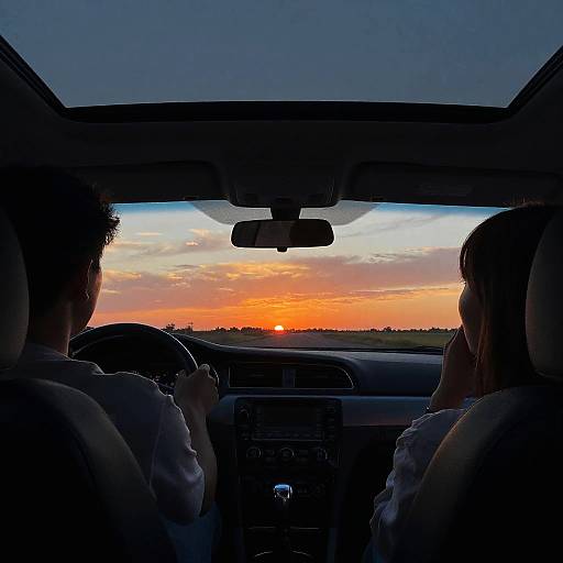 Photograph of a silhouetted man and woman driving at sunset, with the orange sun and colorful sky visible through the car's windshield.