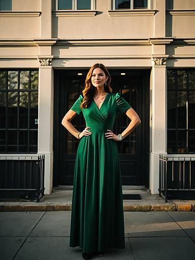 Woman in Green Dress by Building