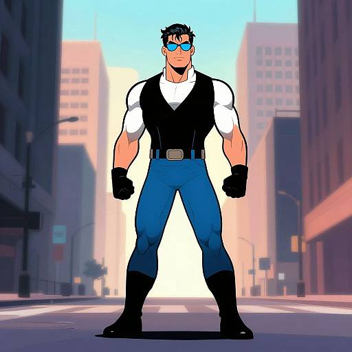 Digital drawing of a muscular, black-haired man with blue eyes, wearing black vest, blue pants, gloves, and sunglasses, standing confidently in a city