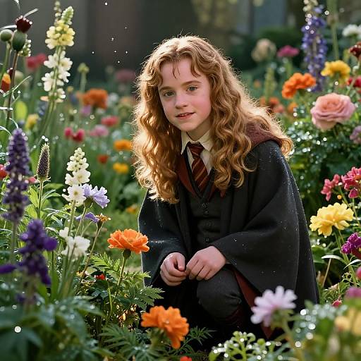 Photograph of a young girl with curly red hair, wearing a black Hogwarts robe, kneeling in a vibrant, colorful garden, surrounded by blooming flowers