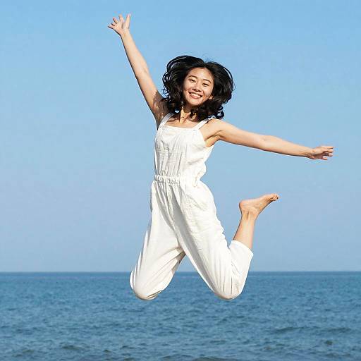 Joyful Asian Woman Jumping by Ocean