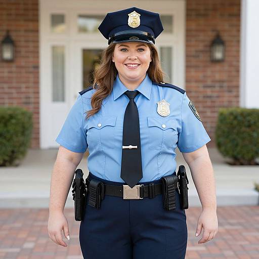 Photograph of a smiling female police officer with long brown hair, wearing a blue uniform, black tie, and hat, standing in front of a brick