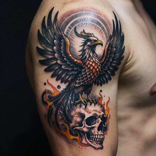 Photograph of a tattoo on a muscular, shirtless man's upper arm: a detailed, colorful phoenix with outstretched wings perched on a