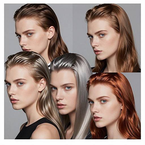 Photograph of five women with different hair colors—blonde, light brown, silver, and red—showcasing sleek, polished hairstyles against a