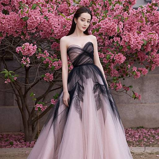 Photograph of an elegant Asian woman with long black hair, wearing a strapless black and pink tulle gown, standing in front of vibrant pink cherry