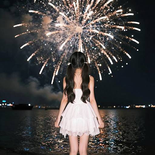 Girl in White Dress Watching Fireworks Over Water