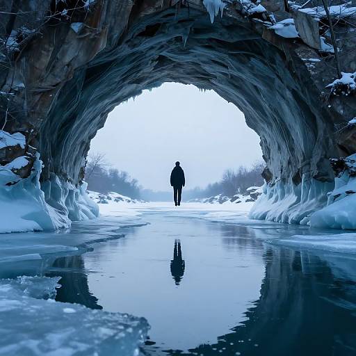 Photograph of a solitary figure in winter clothing standing under a snow-covered, rocky ice cave archway, with a reflective, icy path leading to a