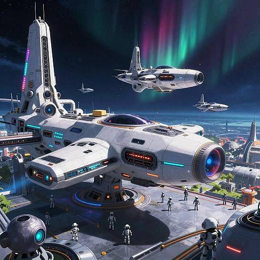 Digital sci-fi artwork of a futuristic space station with neon-lit ships, aurora-lit sky, and small humanoid figures on a busy landing pad