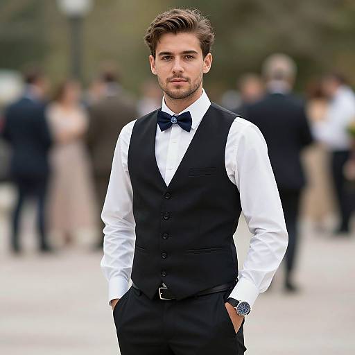 Photograph of a handsome, brown-haired man in a black vest, white shirt, and black bow tie, standing confidently outdoors with a blurred crowd in