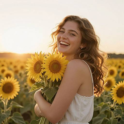Photograph of a smiling young woman with wavy brown hair, wearing a white sleeveless dress, hugging a bouquet of bright yellow sunflowers in