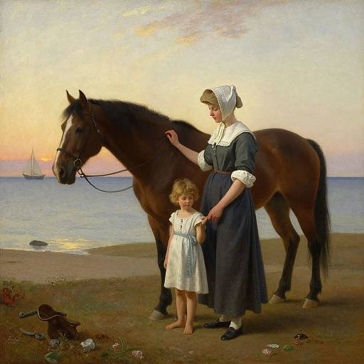 Realistic painting of a woman in a dark dress and white headscarf, holding a small girl's hand beside a brown horse by a sunset beach
