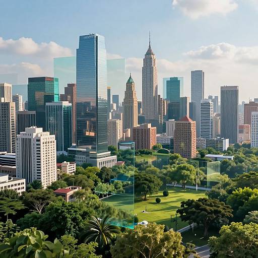 Digital cityscape of a vibrant urban skyline with towering skyscrapers, diverse architecture, lush green park in the foreground, and bright blue sky with scattered