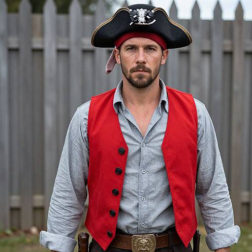 Man in Red Pirate Vest by Fence