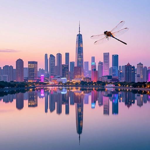Photograph of a city skyline at sunset with a dragonfly in mid-flight above a reflective lake, featuring colorful neon lights.