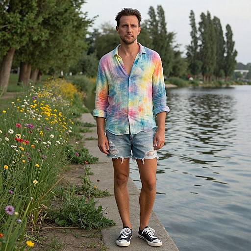 Photograph of a bearded man with short brown hair, wearing a tie-dye shirt, ripped denim shorts, and black sneakers, standing by a