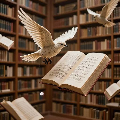 Photograph of two white doves with outstretched wings flying towards floating open books in a dimly lit, wooden bookshelf-filled library.