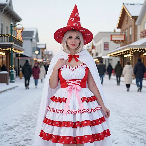 Photograph of a blonde woman in a red witch hat and white dress with red accents, standing in a snowy, festive street.