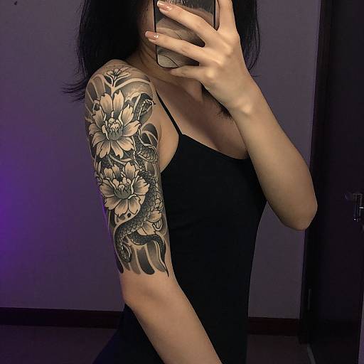 Photograph of a woman with long black hair, wearing a black tank top, taking a mirror selfie, showcasing a detailed black and grey floral and dragon