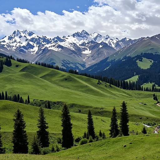 Photograph of lush green rolling hills, dotted with dark pine trees, leading to a distant range of snow-capped mountains under a partly cloudy blue sky