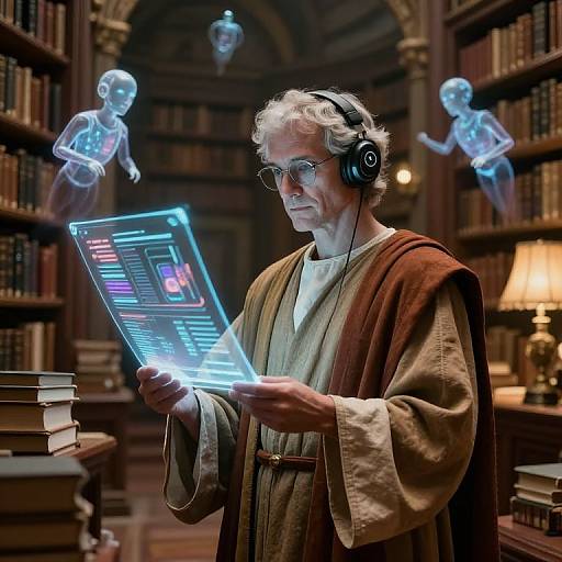 Photorealistic image of an elderly man in a brown robe, wearing headphones, holding a glowing holographic tablet, surrounded by floating holographic figures in