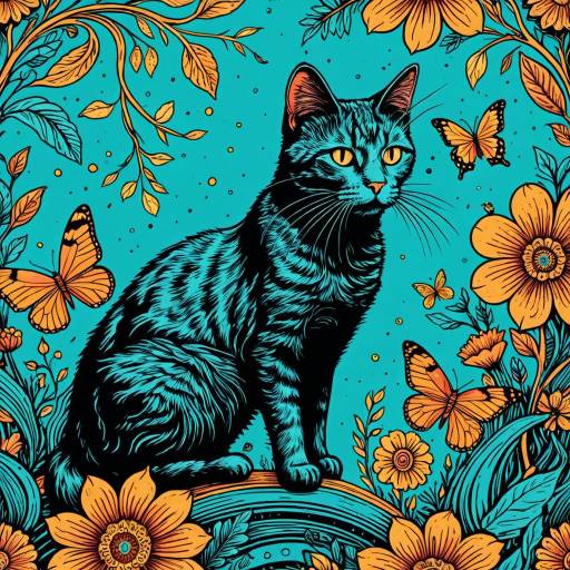 Surreal Cat with Butterflies and Flowers