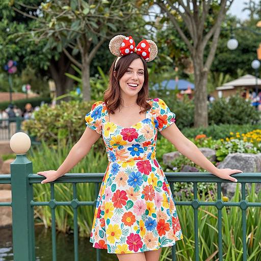 Cheerful Woman on Disneyland Bridge