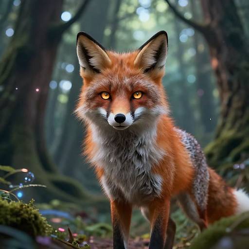 Photorealistic digital art of a red fox with intense orange eyes, standing in a mystical forest with blurred, glowing lights.