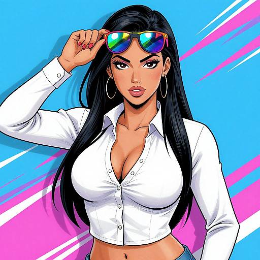 Digital comic-style drawing of a sultry woman with long black hair, white button-up shirt, large breasts, rainbow sunglasses, and hoop earrings, against